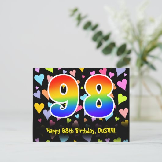 Carte Postale 98e Anniversaire : Motif coeurs amusants, Arc-en-c (Debout devant)