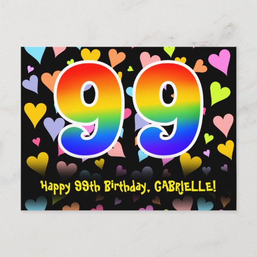 Carte Postale 99e anniversaire : motif de cœurs amusants, arc-en (Devant)