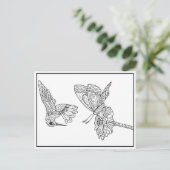 Carte postale à colorier de colibri et de papillon (Debout devant)