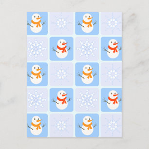 Carte Postale À damiers hiver bonhomme de neige motif et flocons