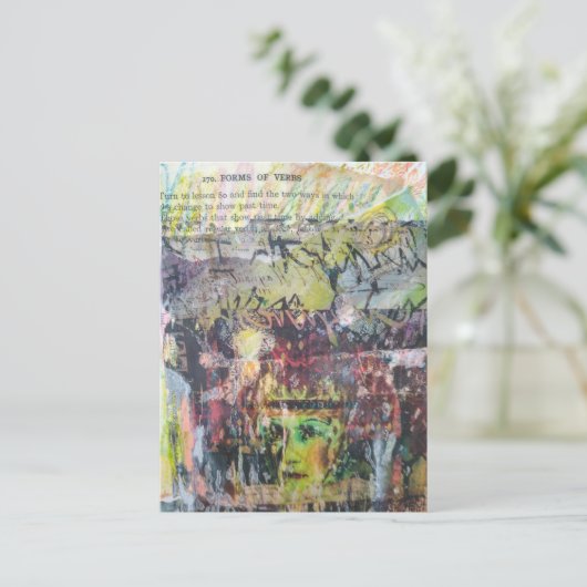 Carte Postale A face mixed media collage forms of verbs (Debout devant)