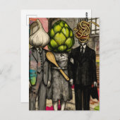 Carte Postale A garlic, an artichoke, and a spaghetti fork funny (Devant / Derrière)