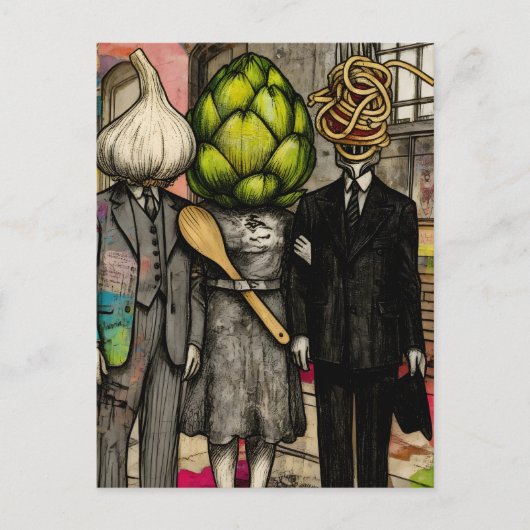 Carte Postale A garlic, an artichoke, and a spaghetti fork funny (Devant)