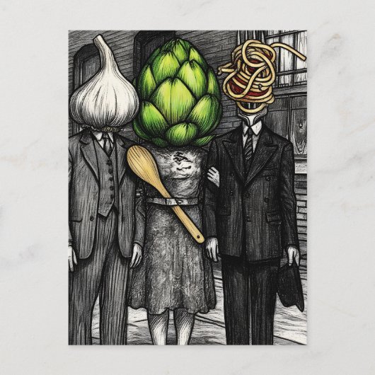 Carte Postale A garlic, an artichoke, and a spaghetti fork funny (Devant)