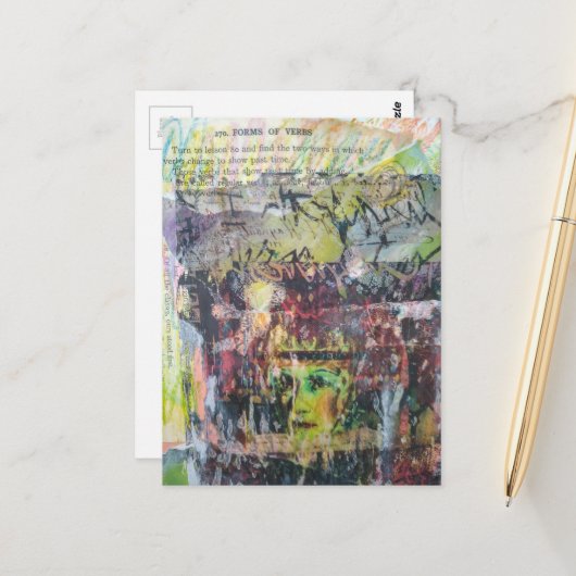 Carte Postale A grungy face verbs mixed media collage (Devant/Arrière en situation)