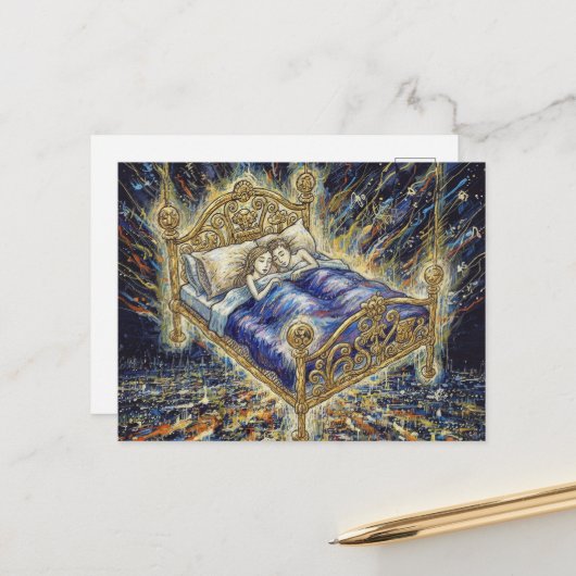 Carte Postale A Magical Bed Above City Fantasy Sleeping Couple (Devant/Arrière en situation)