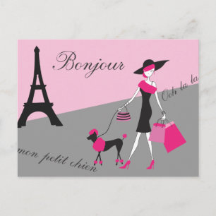 Carte Postale A Paris, femme et chien rose et noir