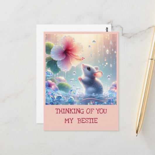 Carte Postale À penser à toi Fleur à Teint Rose Souris Mystique (Devant/Arrière en situation)