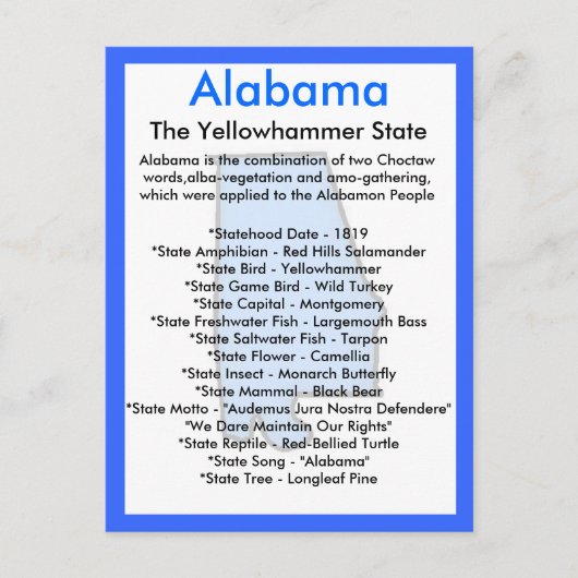 Carte Postale A propos de l'Alabama (Devant)
