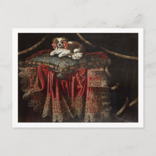 Carte Postale A spaniel seated on embroidered cushion