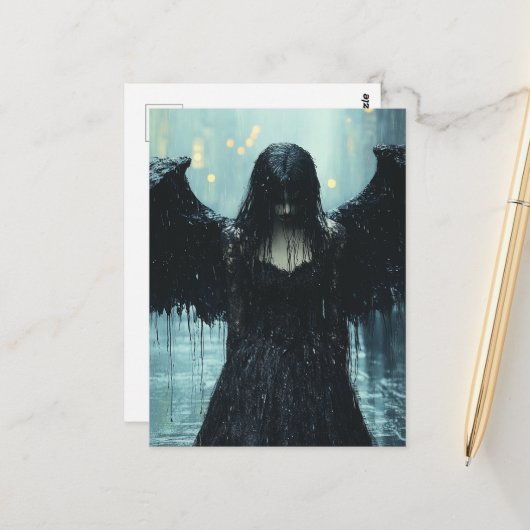 Carte Postale A Spooky Dark Angel in Rain Fantasy (Devant/Arrière en situation)