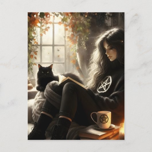 Carte Postale A witch reads with her black cat (Devant)