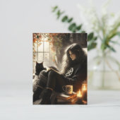 Carte Postale A witch reads with her black cat in a cozy chair (Debout devant)