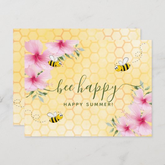 Carte Postale Abeille joyeuse bumble été abeilles rose fleurs sa (Devant / Derrière)