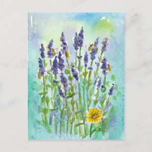 Carte Postale Abeilles à miel Fleurs de Lavande Aquarelle