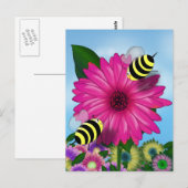 Carte Postale Abeilles à miel se rencontrant sur une fleur rose (Devant / Derrière)