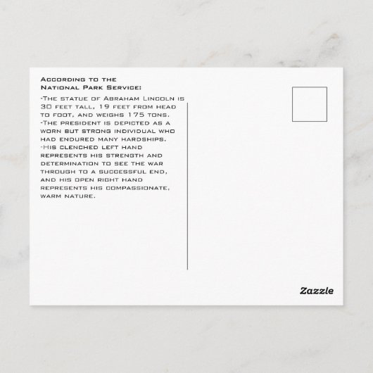 Carte Postale Abraham Lincoln Statue Facts, Washington DC (Dos)