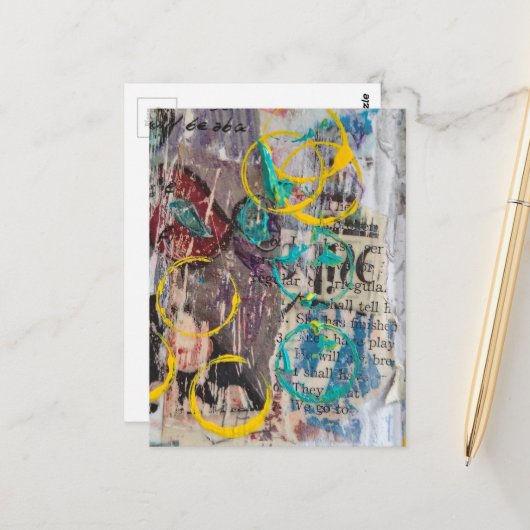 Carte Postale abstract collage blue yellow circles (Devant/Arrière en situation)