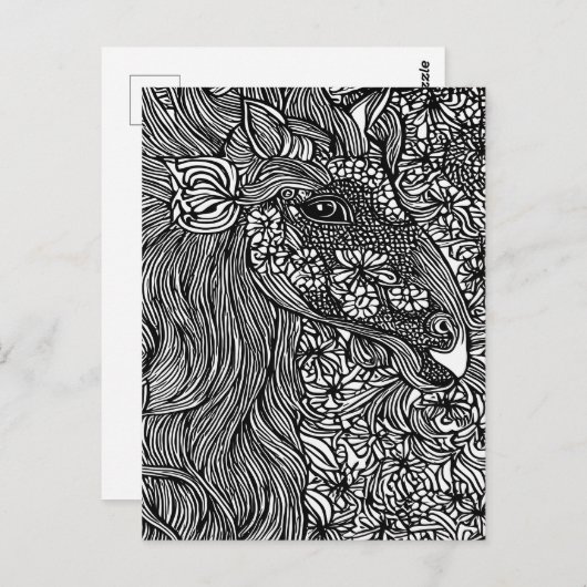 Carte Postale Abstract Horse face Flowers Original ink Art (Devant / Derrière)