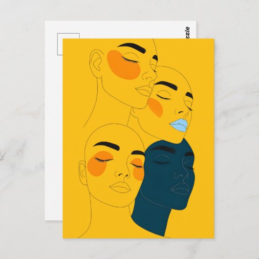 Carte Postale Abstract Line Art Print, Four Overlapping Faces (Devant / Derrière)