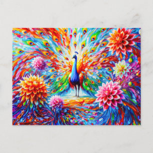 Carte Postale Abstract Peacock avec Colorful Dahlias Autumn
