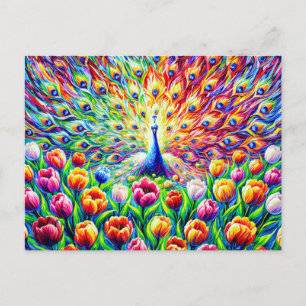 Carte Postale Abstract Peacock with Colorful Tulips in Paint