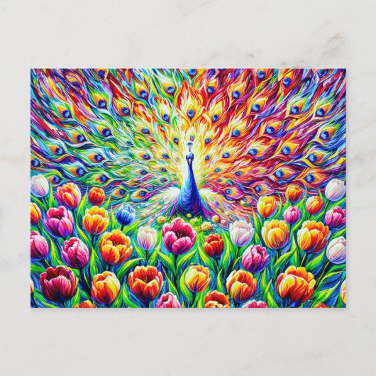 Carte Postale Abstract Peacock with Colorful Tulips in Paint (Devant)