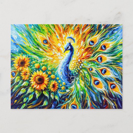 Carte Postale Abstract Peacock with Sunflowers in painting (Devant)