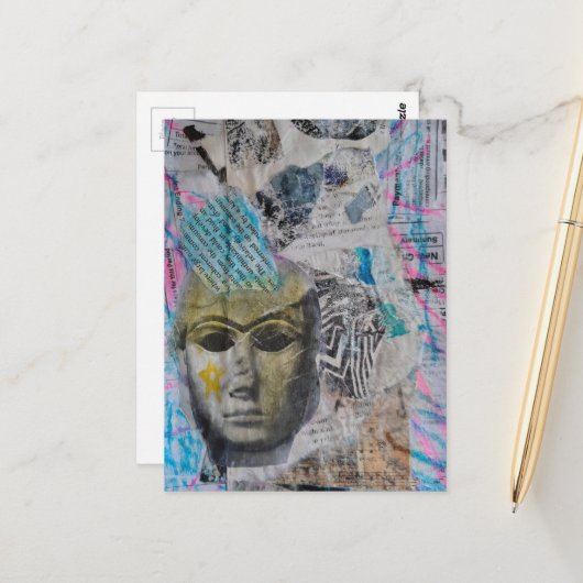 Carte Postale Abstract Stone Face Mixed Media Collage (Devant/Arrière en situation)