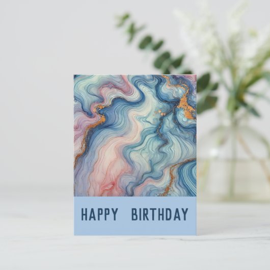 Carte Postale abstrait fluide en bleus pastel - Anniversaire (Debout devant)