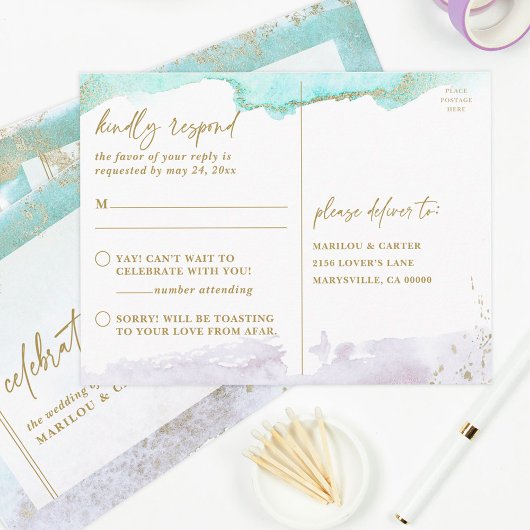 Carte Postale Abstrait Lavande Turquoise Or Art Moderne RSVP