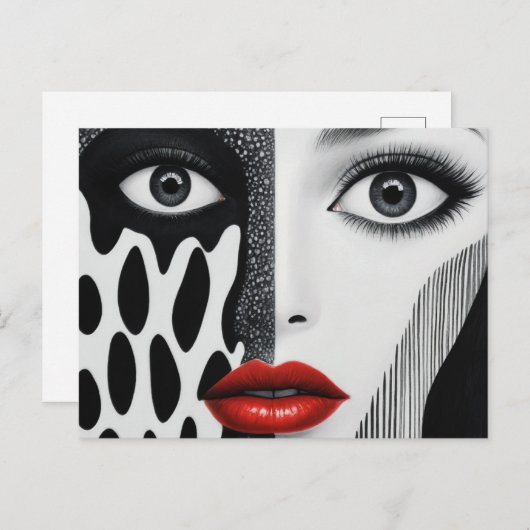 Carte Postale Abstrait visage noir blanc rouge (Devant / Derrière)