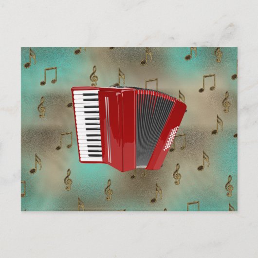 Carte Postale Accordéon rouge sur les notes musicales (Devant)