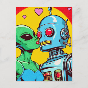 Carte Postale Adorable Alien vert en amour avec un robot