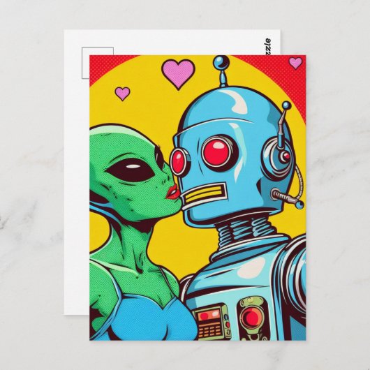 Carte Postale Adorable Alien vert en amour avec un robot (Devant / Derrière)