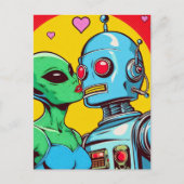 Carte Postale Adorable Alien vert en amour avec un robot (Devant)