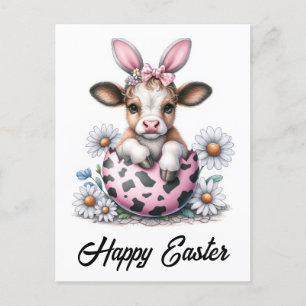 Carte Postale Adorable Aquarelle Vache de Pâques Oeuf Rose Boeuf