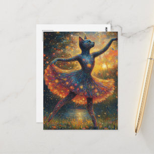 Carte Postale Adorable Ballerine Kitty dans un champ de lucioles