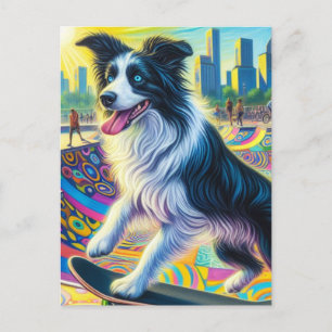 Carte Postale Adorable Bordure Collie Skateboard
