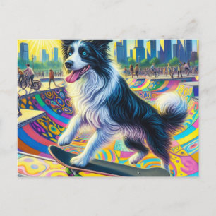Carte Postale Adorable Bordure Collie Skateboard