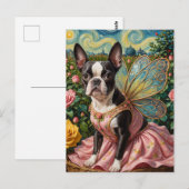 Carte Postale Adorable Boston Terrier Fairy dans un jardin Rose (Devant / Derrière)