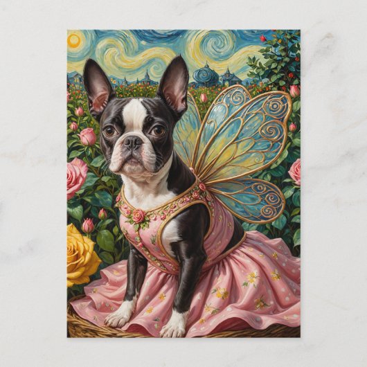 Carte Postale Adorable Boston Terrier Fairy dans un jardin Rose (Devant)