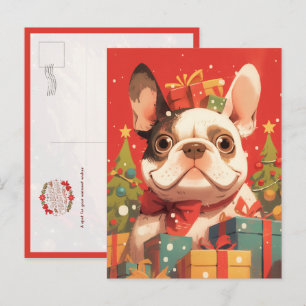 Carte Postale Adorable Bouledogue Français avec cadeaux de Noël