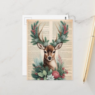 Carte Postale Adorable Buck de Noël Rétro sur Papier Vintage