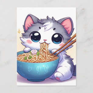 Carte Postale Adorable Cartoon Kitten Manger Ramen nouilles