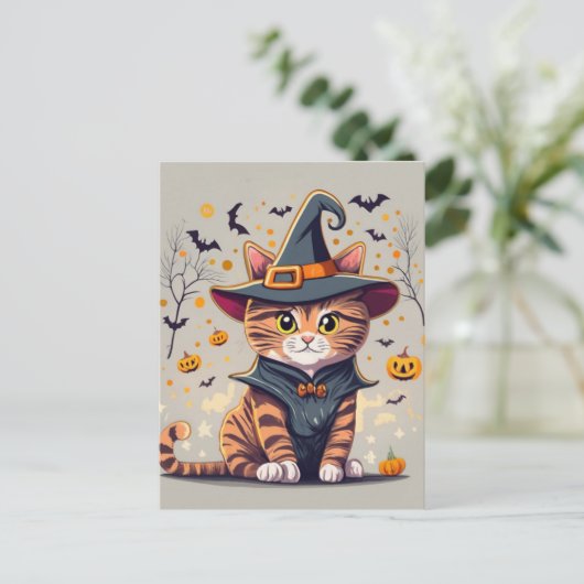 Carte Postale Adorable Chat de Sorcière Halloween (Debout devant)