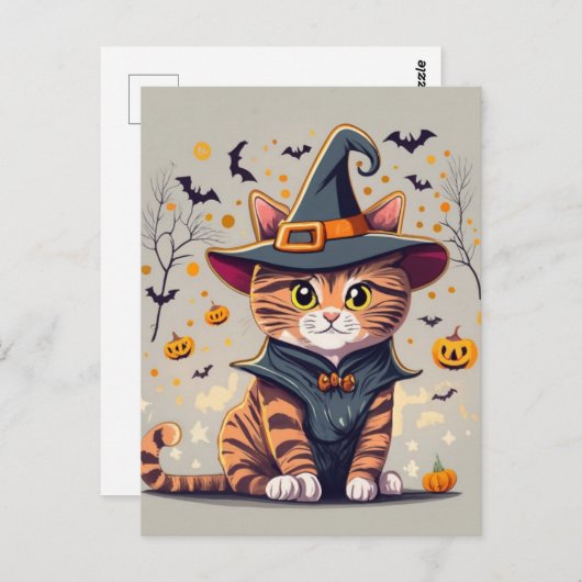 Carte Postale Adorable Chat de Sorcière Halloween (Devant / Derrière)