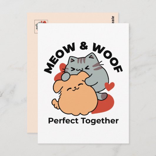 Carte Postale Adorable chat et chien Hug - Meow & Woof Design (Devant / Derrière)