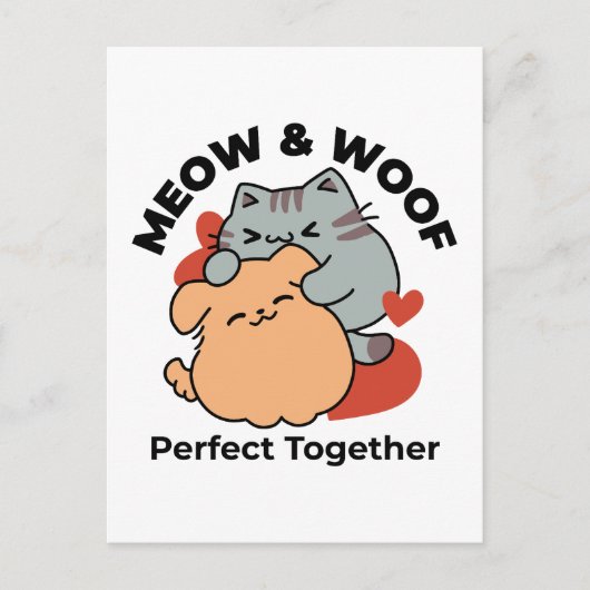 Carte Postale Adorable chat et chien Hug - Meow & Woof Design (Devant)