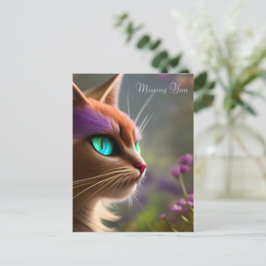 Carte Postale Adorable chat Kitty, Yeux Turquoise - Vous Manquan (Debout devant)